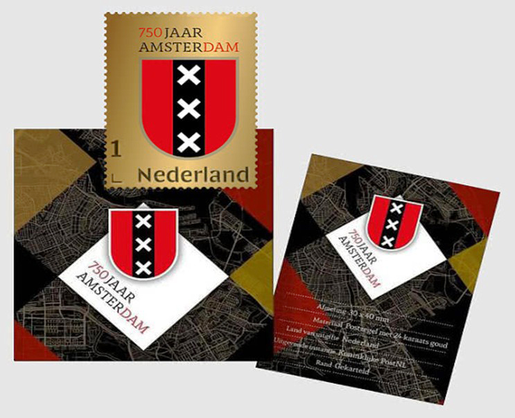 Bưu chính Hà Lan phát hành con tem bằng vàng kỷ niệm 750 năm thành lập thủ đô Amsterdam