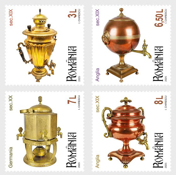 Bộ sưu tập Ấm đun nước Samovar cổ trên bộ tem mới phát hành của Bưu chính Romania