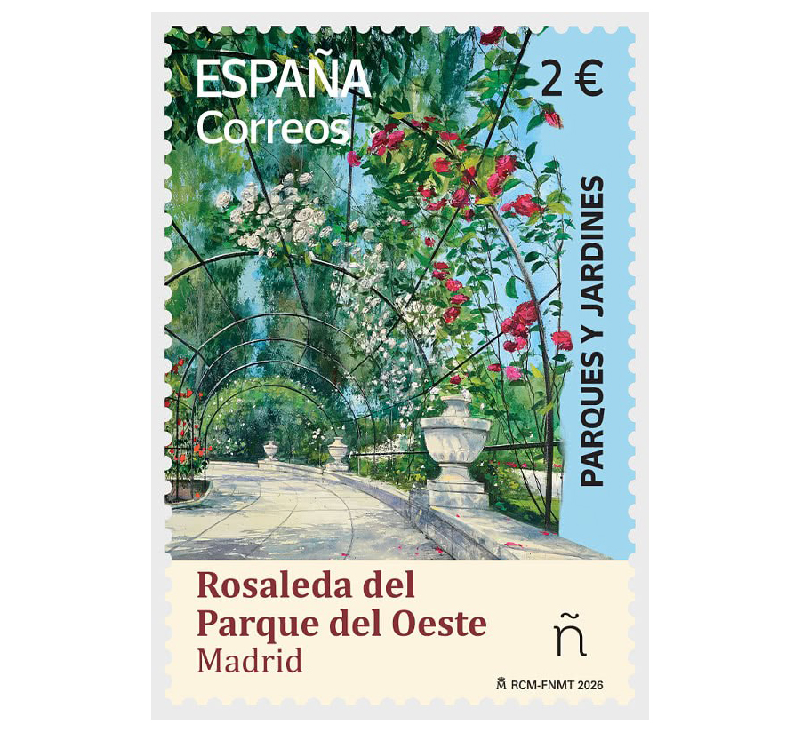 Bưu chính Tây Ban Nha phát hành tem về vườn Hồng của Công viên del Oeste, Madrid