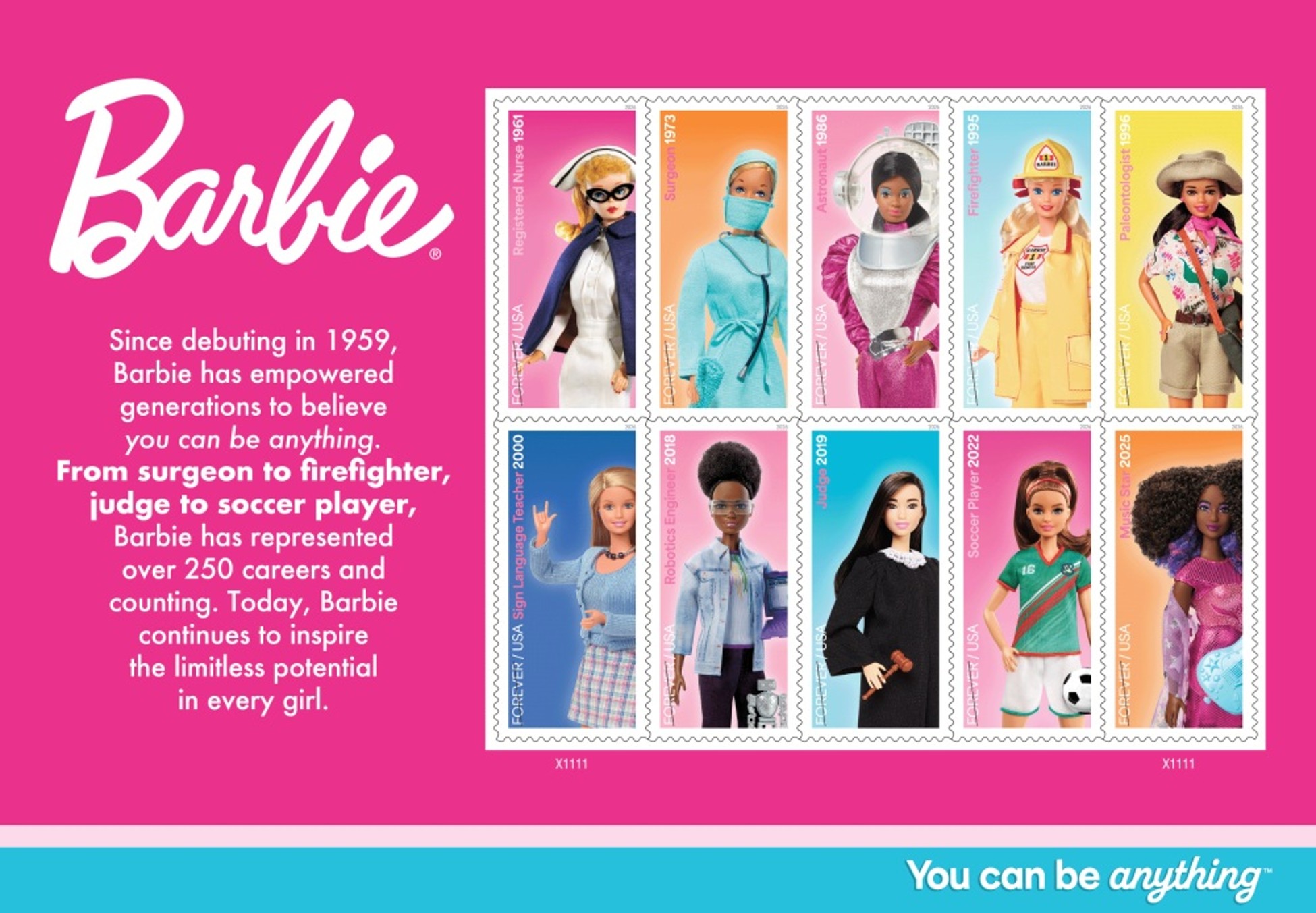 Bưu chính Mỹ phát hành bộ tem về Búp bê Barbie