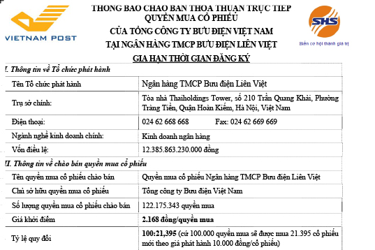 Thông báo chào bán thỏa thuận trực tiếp quyền mua cổ phiếu của Vietnam Post tại Ngân hàng TMCP Bưu điện Liên Việt (lần 2)