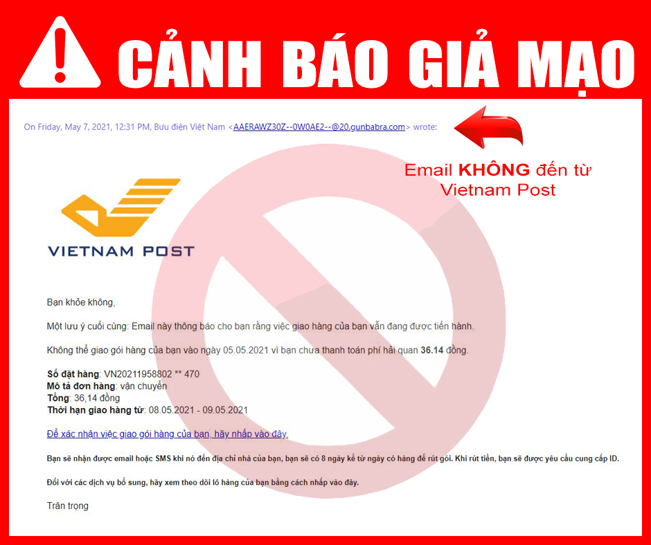 Cảnh báo tình trạng giả mạo Bưu điện gửi email yêu cầu thanh toán phí