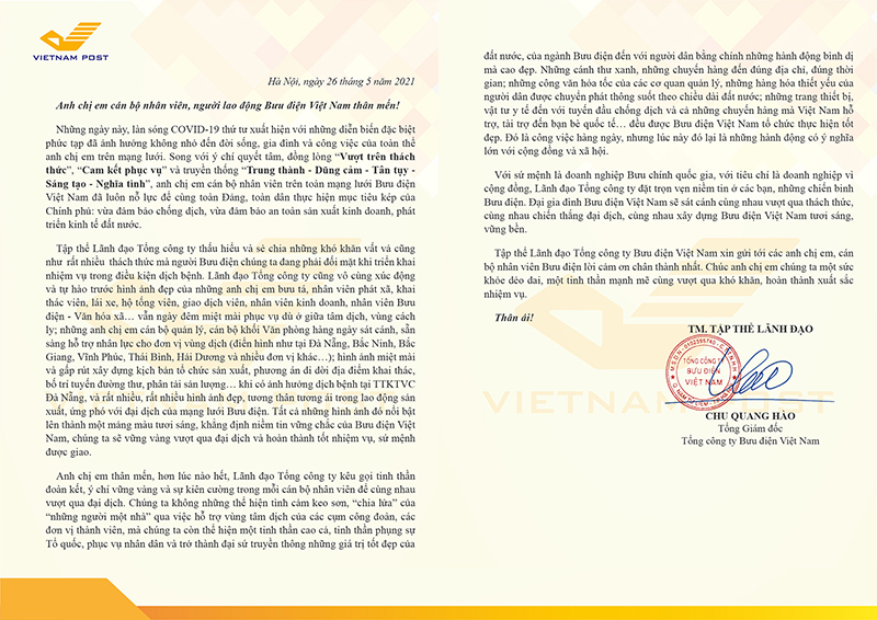Lãnh đạo Tổng công ty Bưu điện Việt Nam gửi thư động viên cán bộ nhân viên toàn mạng lưới