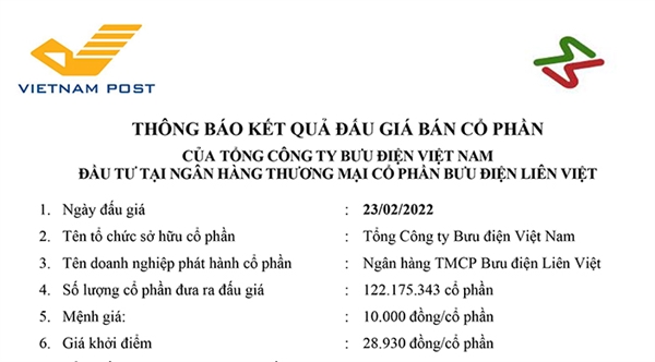 Thông báo kết quả đấu giá cổ phần của Tổng công ty Bưu điện Việt Nam tại Ngân hàng TMCP Bưu điện Liên Việt